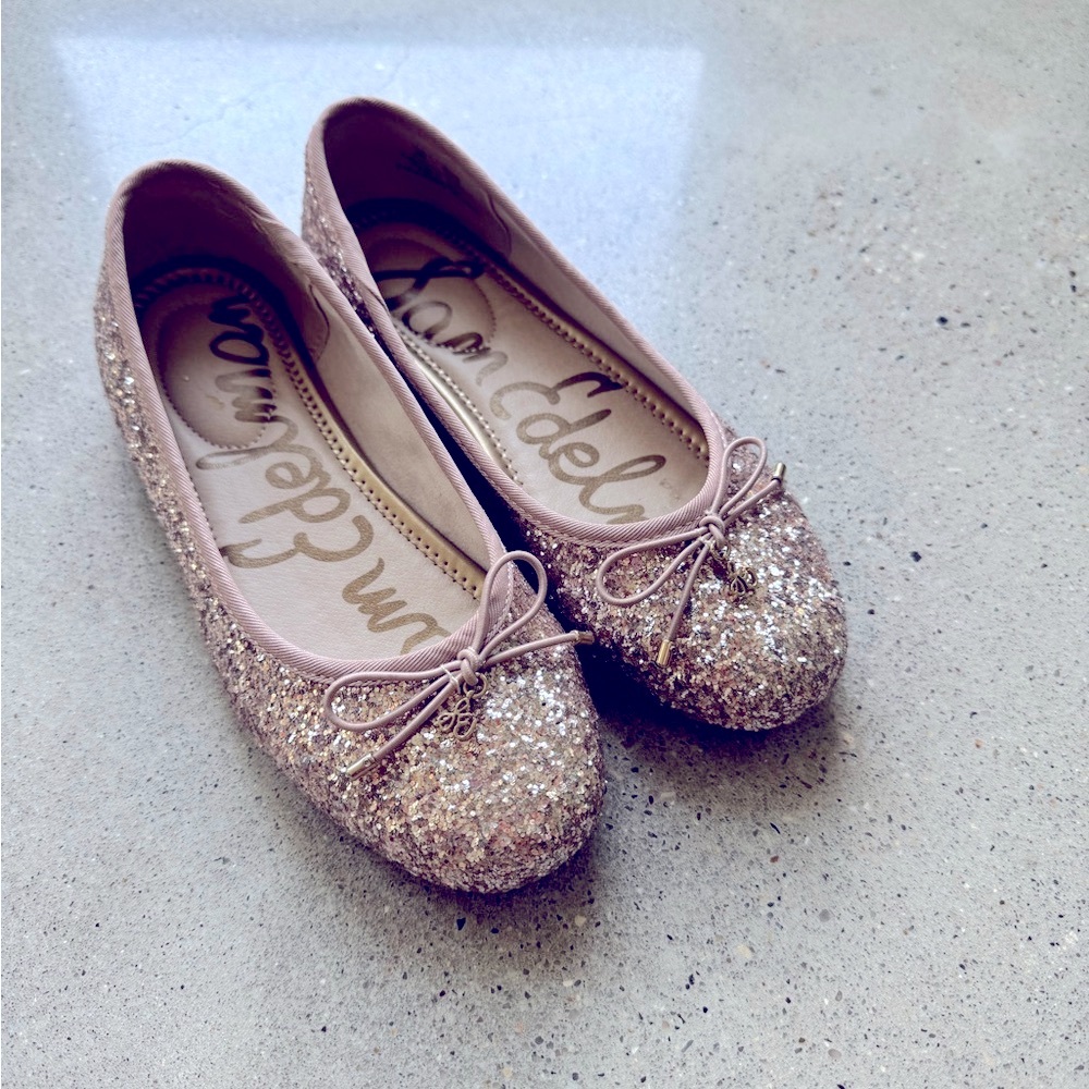 Sam Edelman Glittery Kids Shoes in Gold and Pink